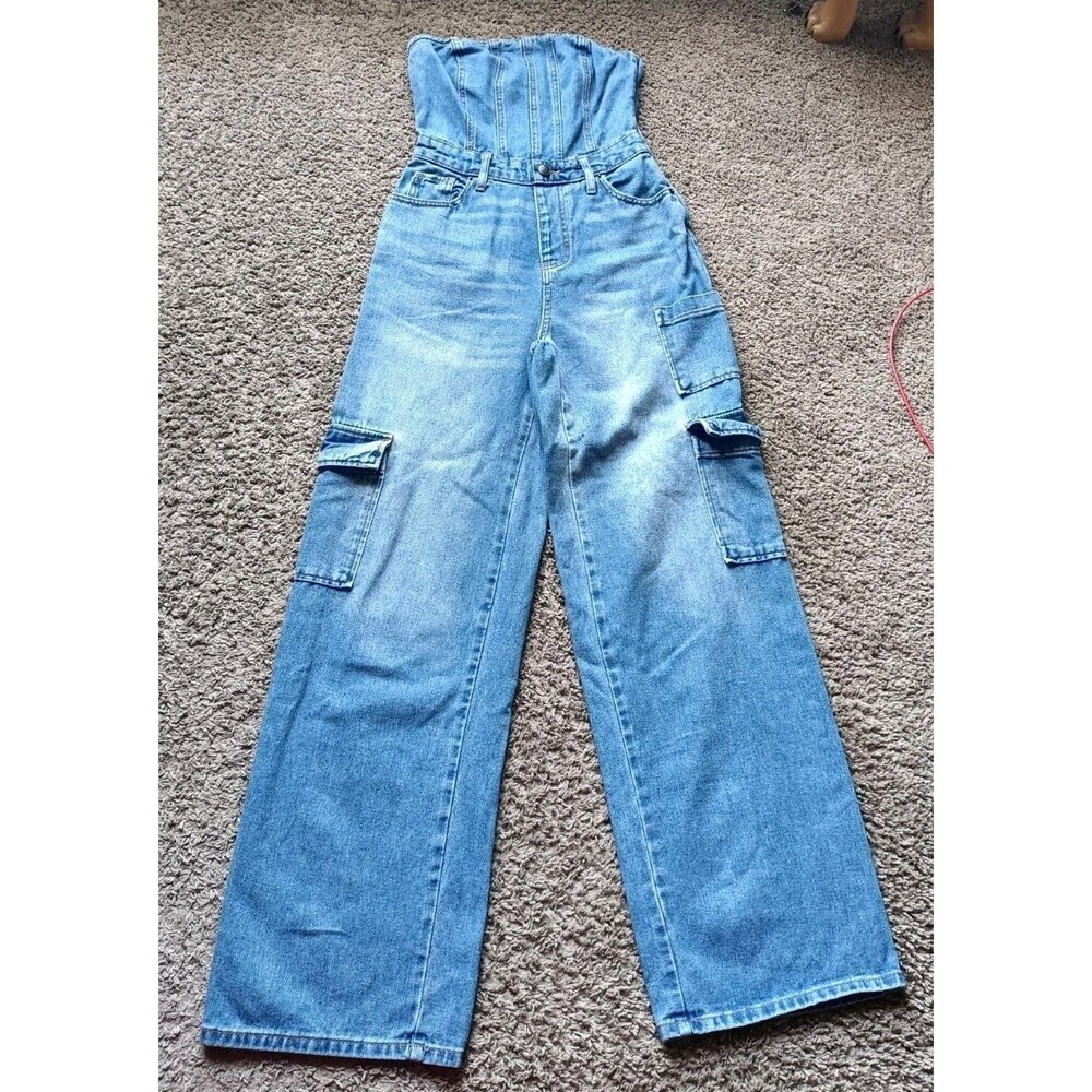 Wild Fable Jumpsuit Women's XXS Blue Denim Strapless Straight Leg Cargo Pockets